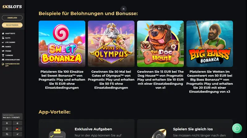 1xSlots Casino Bonusaufgaben mit Sweet Bonanza, Gates of Olympus und weiteren Slots