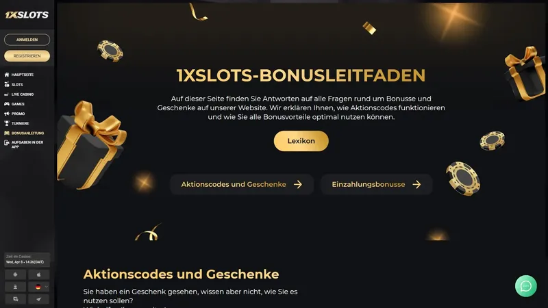 1xSlots Casino Bonusseite mit Willkommensbonus und Aktionen