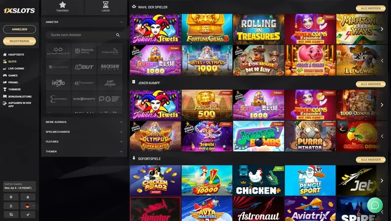 1xSlots Casino Spielelobby mit tausenden Slots und Providern