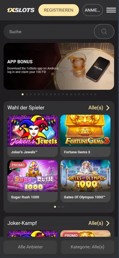 1xSlots Casino Startseite auf dem Smartphone
