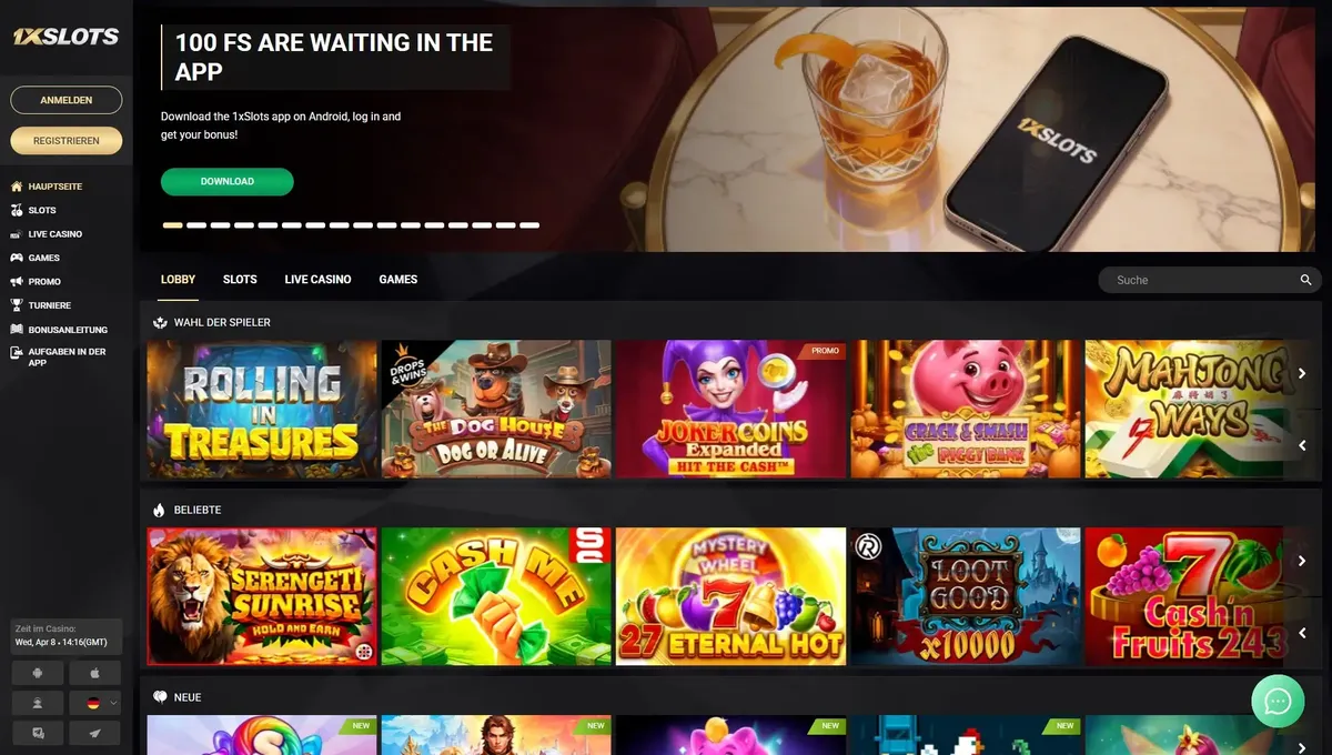 1xSlots Casino Startseite mit Willkommensbonus und Spielkategorien
