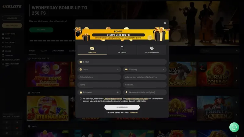 1xSlots Casino Registrierungsformular