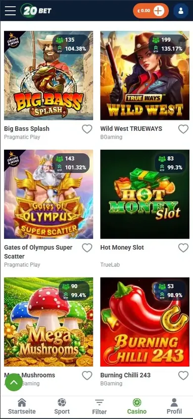 20Bet Spielelobby mobil