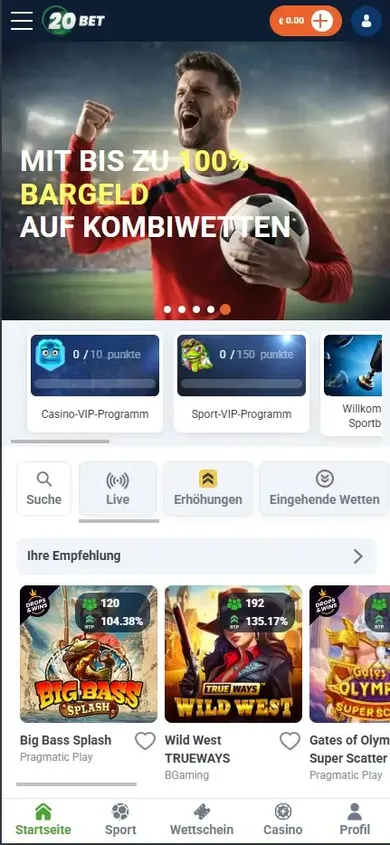 20Bet Casino auf dem Smartphone