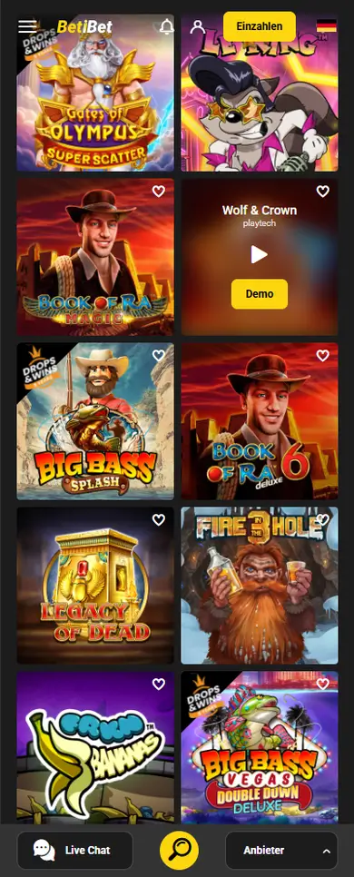 BetiBet Spielelobby mobil