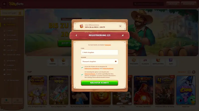 BillyBets Registrierung