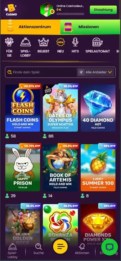Bizzo Casino Spielelobby auf dem Smartphone