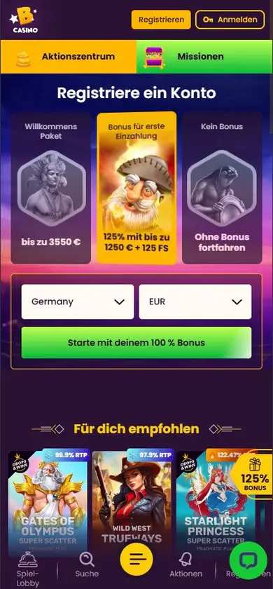 Bizzo Casino Startseite auf dem Smartphone