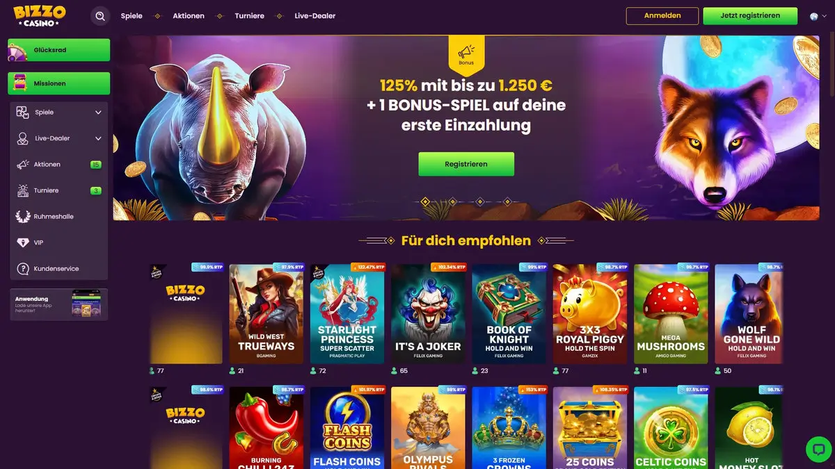 Bizzo Casino Startseite mit Willkommensbonus