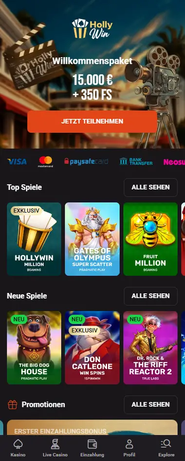 HollyWin Spielelobby mobil