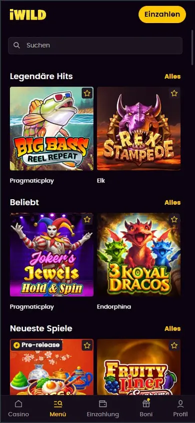 iWild Casino Spielelobby mobil