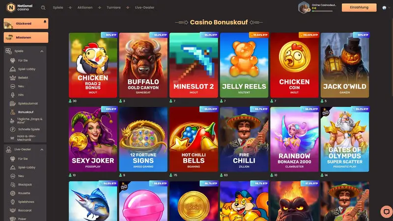 National Casino Bonusseite mit Willkommensbonus und Aktionen