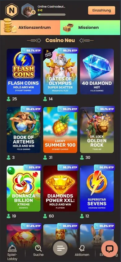 National Casino Spielelobby auf dem Smartphone