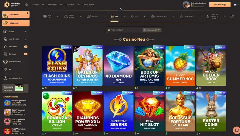 National Casino Spielelobby mit Slots und Kategorien