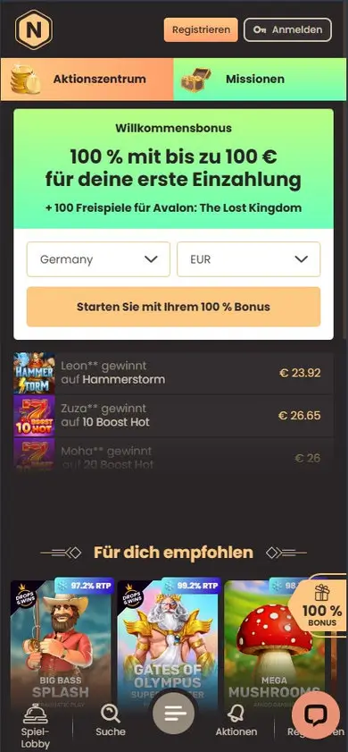 National Casino Startseite auf dem Smartphone