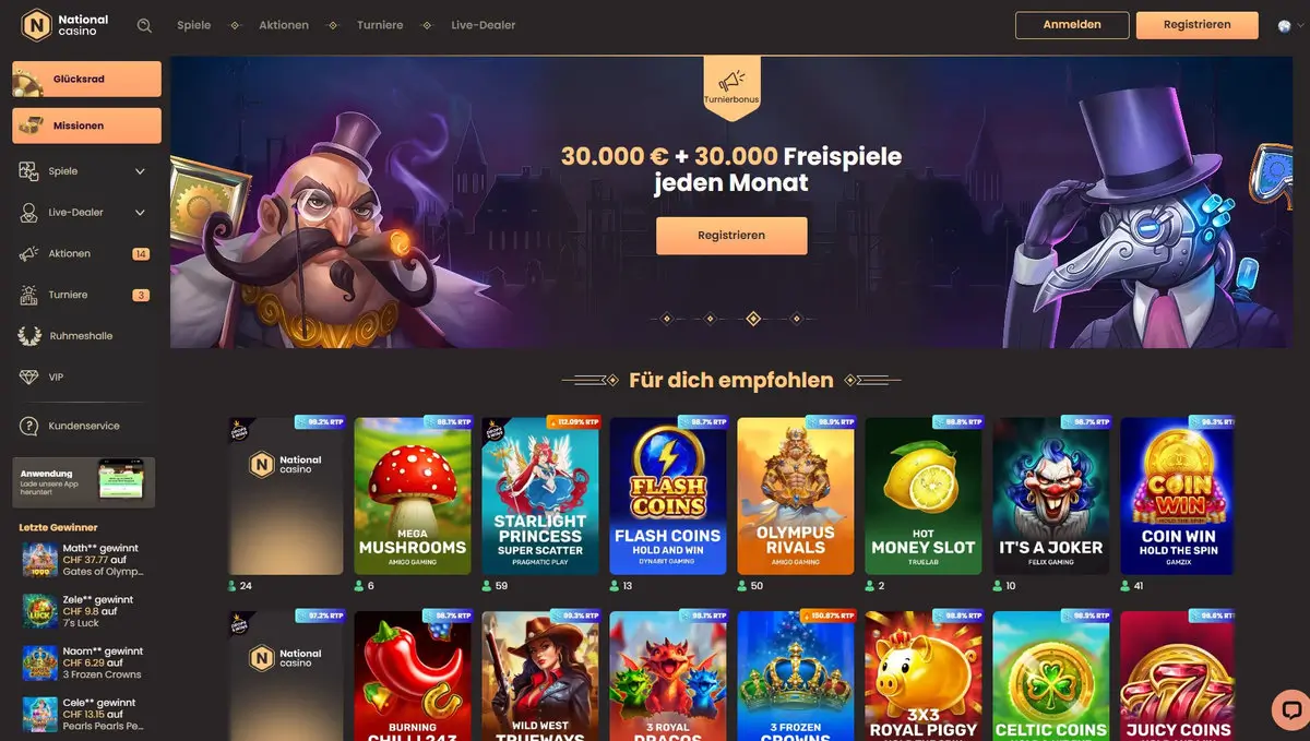 National Casino Startseite mit Willkommensbonus und Spielkategorien
