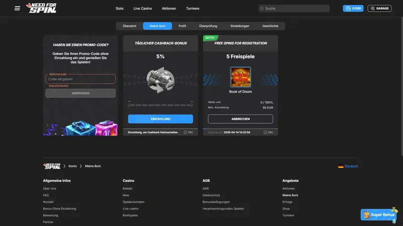 Need for Spin Bonusseite