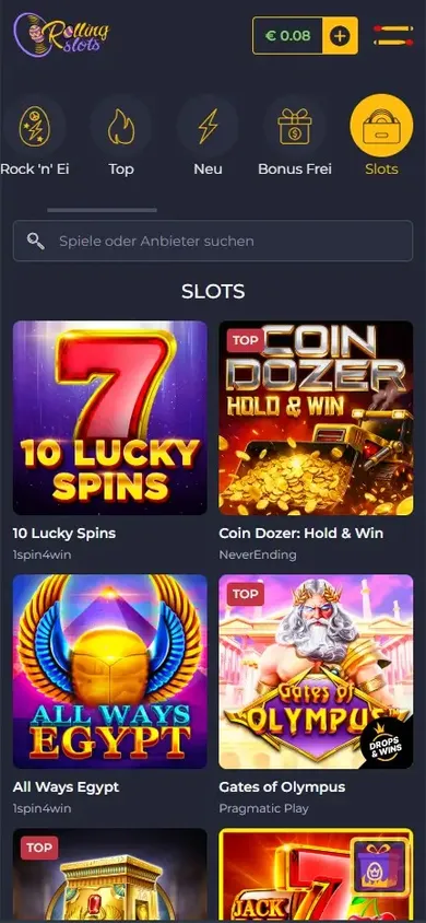 Rolling Slots Spielelobby mobil