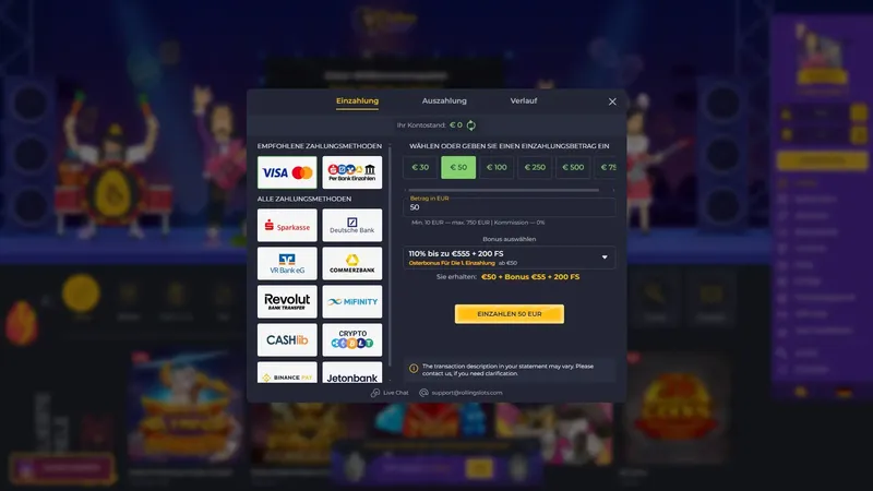 Rolling Slots Zahlungsmethoden