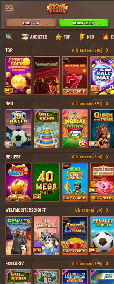 Stonevegas Spielelobby mobil