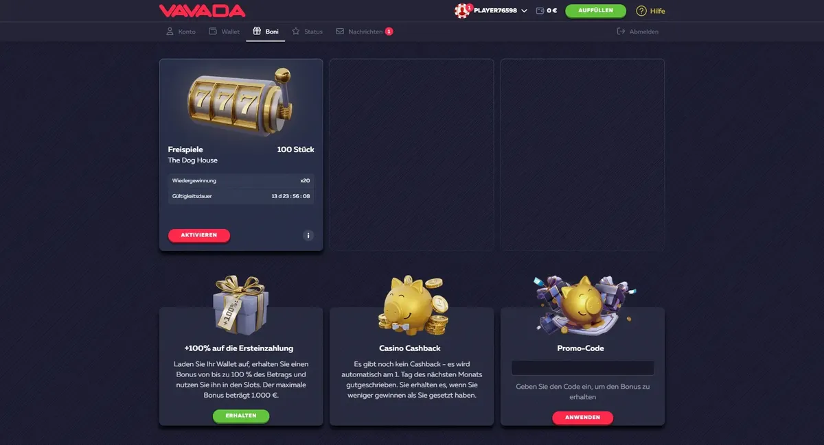 Vavada Casino Bonusseite mit Willkommensbonus, Cashback und Promo-Code