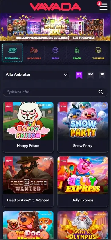 Vavada Casino Spielelobby auf dem Smartphone
