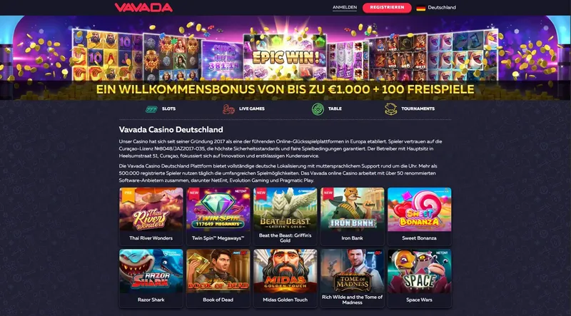 Vavada Casino Startseite mit Willkommensbonus-Banner und Spielauswahl