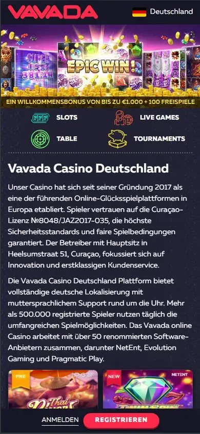 Vavada Casino Startseite auf dem Smartphone