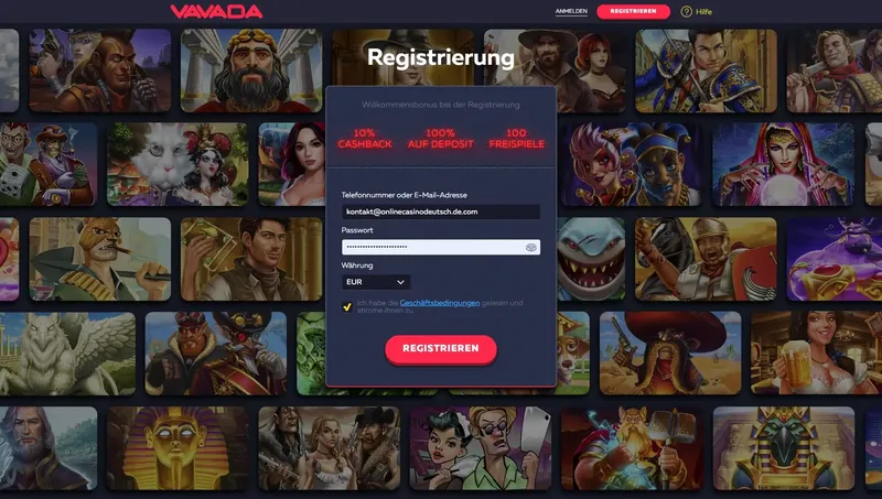 Vavada Casino Registrierungsseite mit Anmeldeformular