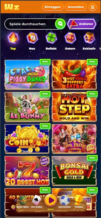 Wazamba Spielelobby mobil